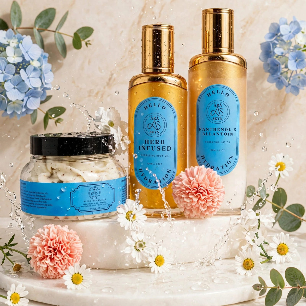 Ara Skyn Hello Hydration fall skincare set - sugar scrub, body oil, lotion for dry autumn skin